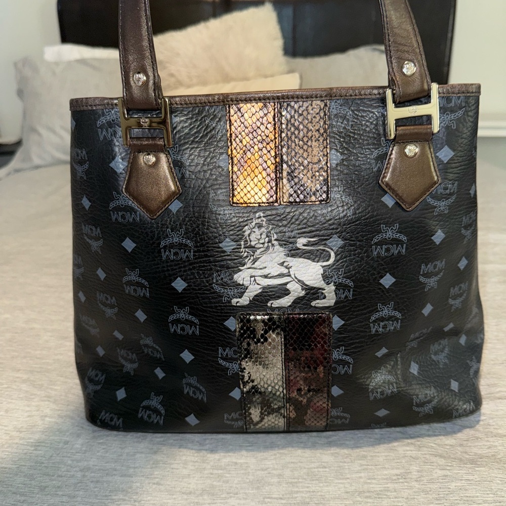 MCM Black and Brown Tote Bag with Snakeskin Detail